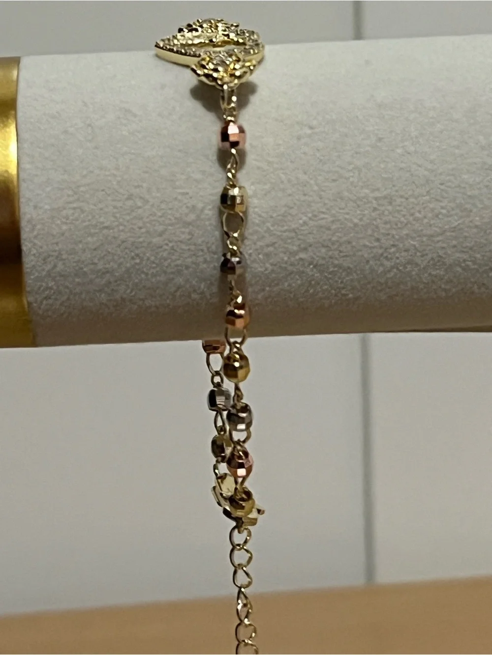 Gold Heart Bracelet with Crystal Accents and Flower Links